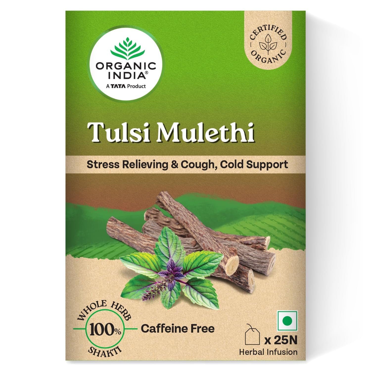 A TATA Product - Organic India Tulsi Mulethi - 25 Tea Bags 1 A TATA Product - Organic India Tulsi Mulethi - 25 Tea Bags, Rich in Antioxidants, Eases Cough & Cold Symptoms, Stress Relieving, Boosts Immunity, Caffeine-Free, Whole Herbs Certified Organic - Image 1