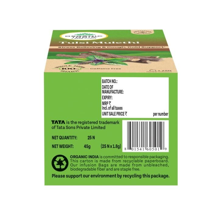 A TATA Product - Organic India Tulsi Mulethi - 25 Tea Bags, Rich in Antioxidants, Eases Cough & Cold Symptoms, Stress Relieving, Boosts Immunity, Caffeine-Free, Whole Herbs Certified Organic - Image 6