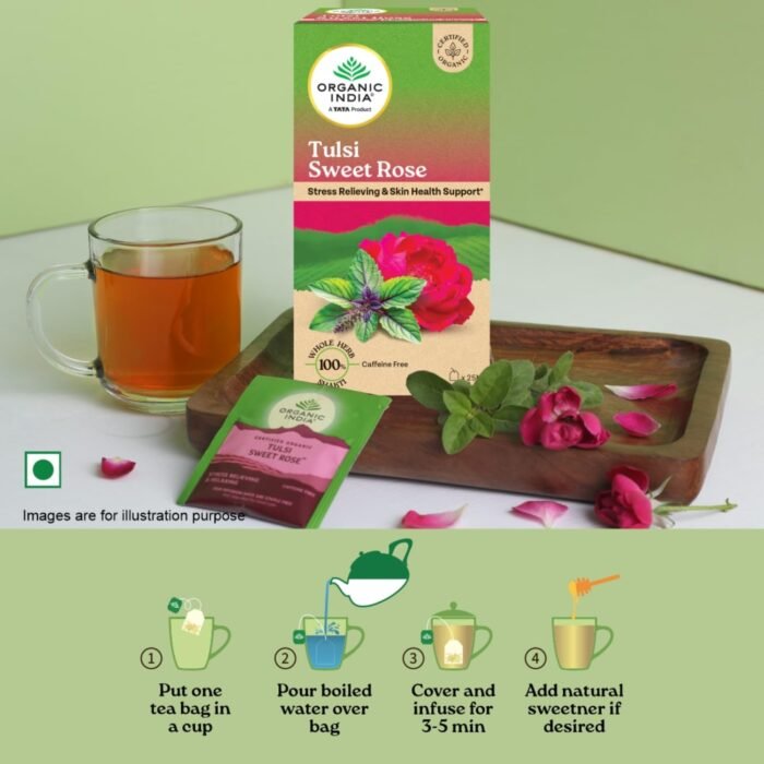 A TATA Product - Organic India Tulsi Sweet Rose - 25 Tea Bags, Stress Relieving, Supports Radiant Skin, Rich in Antioxidants, Made with Tulsi, Chamomile, and Rose Certified Organic - Image 5