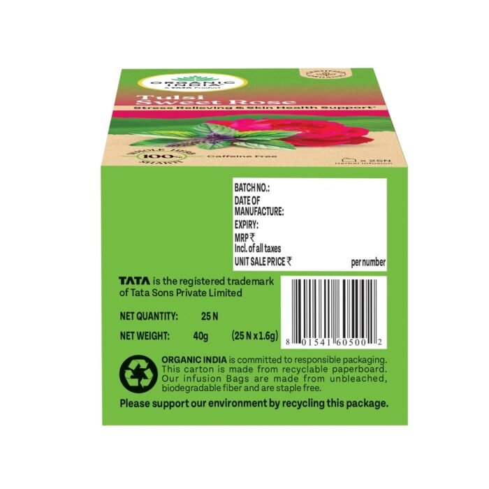 A TATA Product - Organic India Tulsi Sweet Rose - 25 Tea Bags, Stress Relieving, Supports Radiant Skin, Rich in Antioxidants, Made with Tulsi, Chamomile, and Rose Certified Organic - Image 6