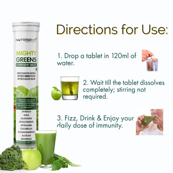 NUTRISROT Mighty Greens Multivitamin Effervescent Tablets|Super Greens Wholefood With Spinach, Kale, Ashwagandha, Vitamin C, B12, Iron, Zinc & Antioxidants|Mint & Green Apple Flavour (40 Tablets) - Image 7