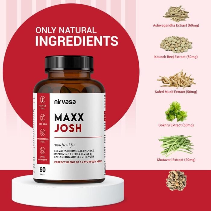 Nirvasa Maxx Josh Testosterone Supplement (500mg, 60 Tabs) | Boosts Testosterone, Muscle Strength & Energy | Enhances Performance, Stamina & Vitality | Ashwagandha, Gokshura & Safed Musli - Pack of 1 - Image 4