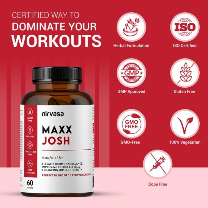 Nirvasa Maxx Josh Testosterone Supplement (500mg, 60 Tabs) | Boosts Testosterone, Muscle Strength & Energy | Enhances Performance, Stamina & Vitality | Ashwagandha, Gokshura & Safed Musli - Pack of 1 - Image 6