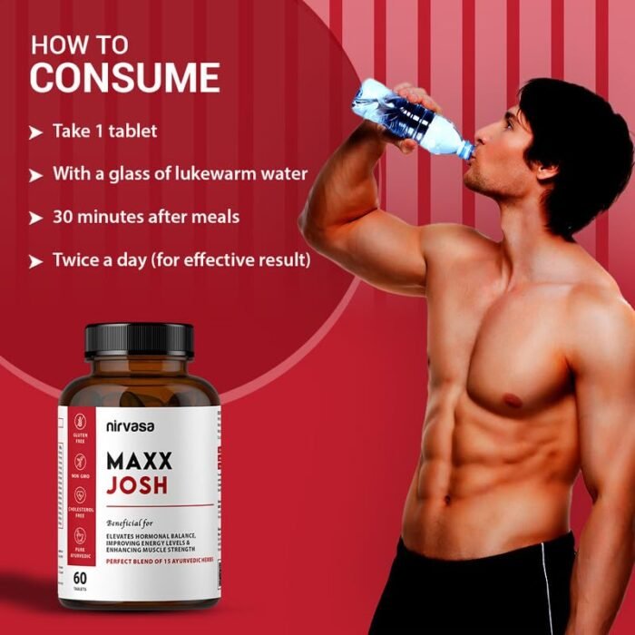 Nirvasa Maxx Josh Testosterone Supplement (500mg, 60 Tabs) | Boosts Testosterone, Muscle Strength & Energy | Enhances Performance, Stamina & Vitality | Ashwagandha, Gokshura & Safed Musli - Pack of 1 - Image 8