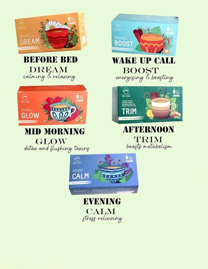 OH CHA - Assorted Tea Bags | 100% Natural Green Tea Sampler Pack | Trim, Dream, Calm, Boost and Glow | Green Tea for Weight Loss, Detox & Natural Care for Hair, Skin, Sleep | Wellness Tea | 20 Assorted Green Tea Bags - Image 5