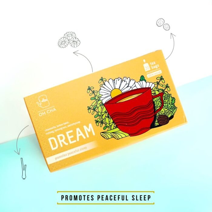 OH CHA - Chamomile Tea Bags, Dream | Natural Sleep Tea with Chamomile, Waterhyssop, Lemon balm, Lemongrass, Nutmeg | 100% Natural Green Tea bags | Relaxes the Mind | Chamomile Tea for Sleep | 20 Tea Bags - Image 2