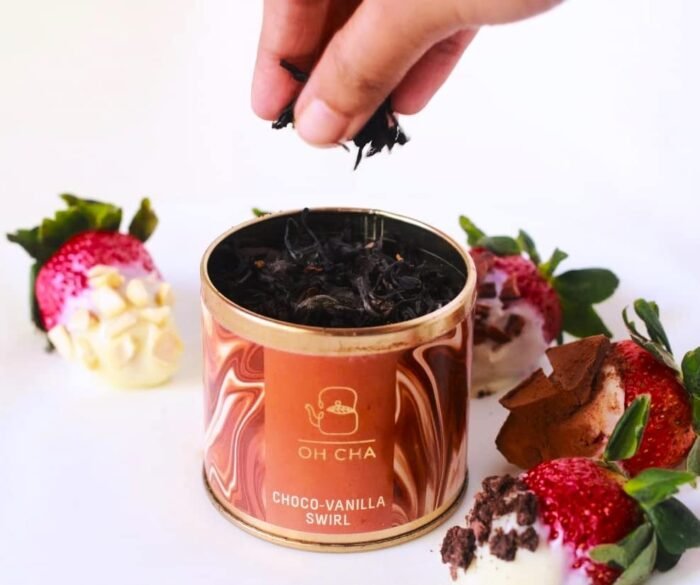 OH CHA - Chocolate Flavoured Tea with Vanilla | with Coconut nibs, Cocoa extracts, and Vanilla | 100% Whole Leaf Darjeeling Tea | Sweet cravings satisfied without calories, No Added Sugar | Brew Hot or Iced | 35g Tin Caddy - Image 2