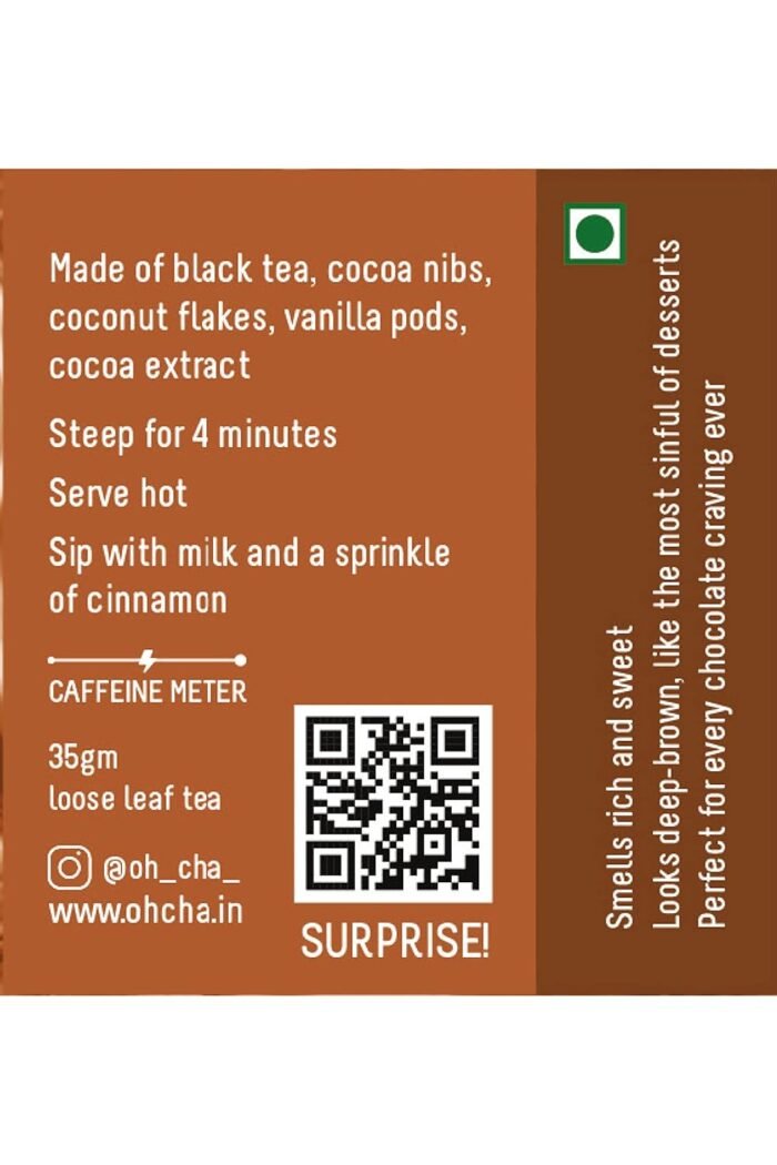 OH CHA - Chocolate Flavoured Tea with Vanilla | with Coconut nibs, Cocoa extracts, and Vanilla | 100% Whole Leaf Darjeeling Tea | Sweet cravings satisfied without calories, No Added Sugar | Brew Hot or Iced | 35g Tin Caddy - Image 4