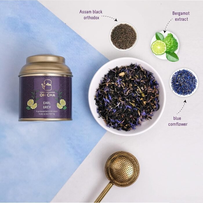 OH CHA - Earl Grey Tea | 35gms, Assam Tea Orthodox blended with 100% Natural Bergamot Extract & Blue Cornflower | Rich in Antioxidants, Supports Heart Health | Malty Black Tea, Fruity Muscatel Aroma - Image 2