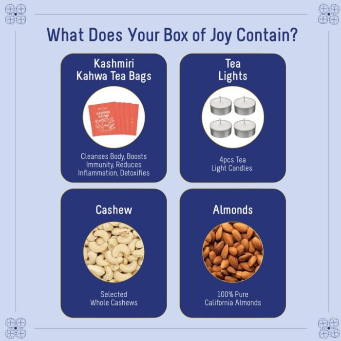 OH CHA - Glimpses Tea Gift Set with Dry Fruits | 5 Kashmiri Kahwa Tea Bags, 4 TeaLight Candles, 25 Grams Whole Cashews, 25 Grams Almonds | Complete Diwali Gift Box | Festive Celebrations Box | Gift Box for Bulk Gifting, Coporates, Festivals - Image 2