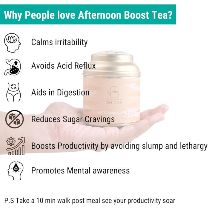 OH CHA - Green Tea, Afternoon Boost | with Dandellion, Fennel, Peppermint, Nettle leaf and Rose petals | Post Meal Digestive Tea | Beat the Afternoon Slump | 100% Whole Green tea leaves | 35g Tin - Image 2