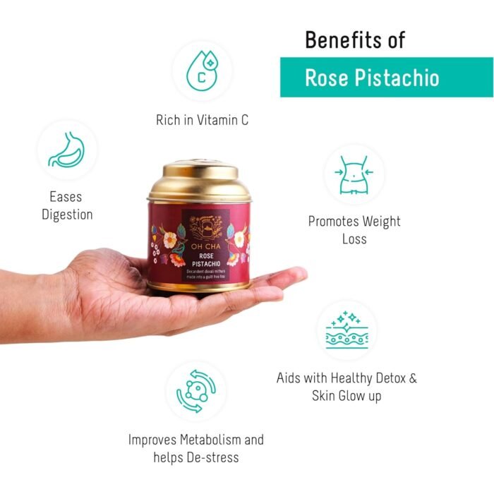 OH CHA - Rose Tea Pistachio | Rose Green Tea with Kashmiri Saffron, Sun-dried Natural Rose Petals, Pistachio, Cardamom & Stevia leaves | Natural Care Tea for Glowing Skin & Hair | 35g Tin Caddy - Image 2