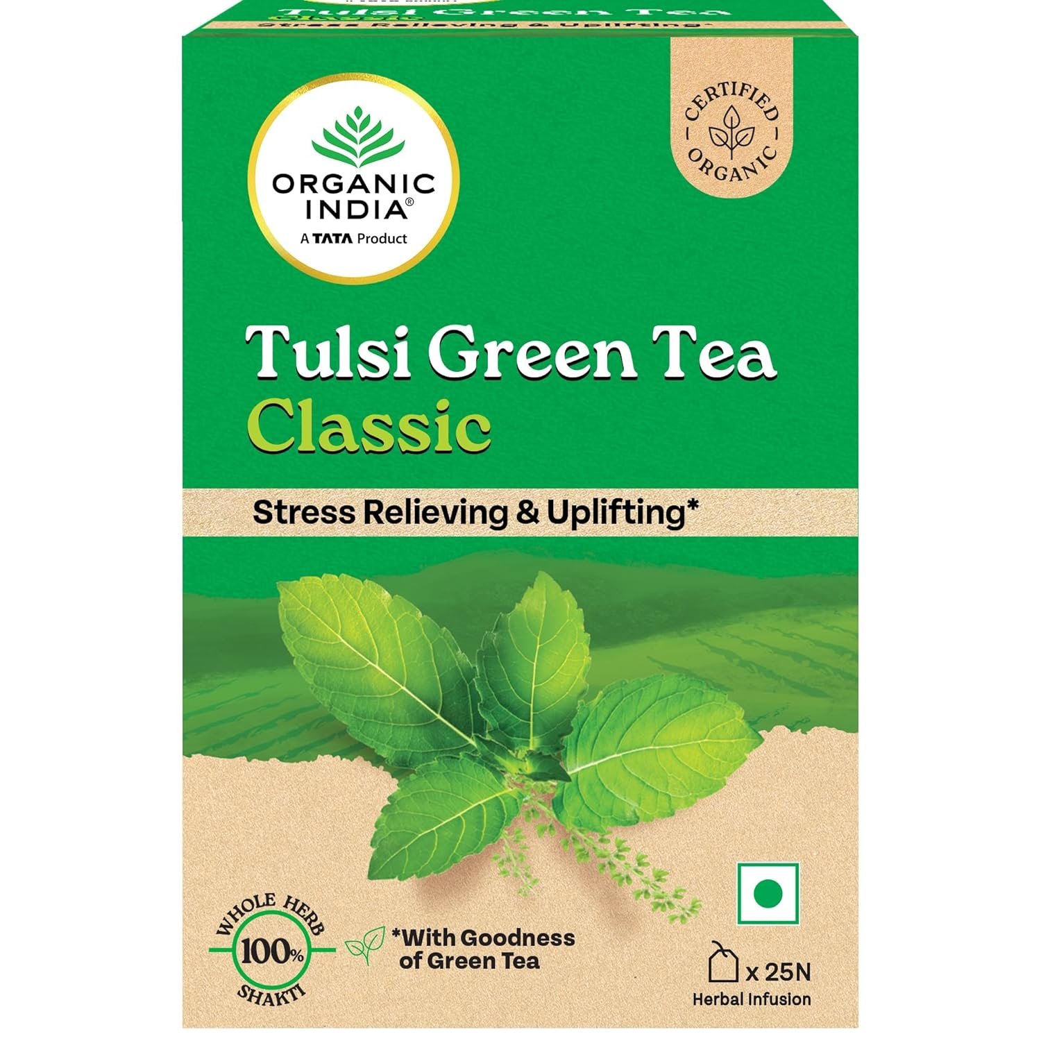 Organic India Tulsi Green Tea Classic - 25 Tea Bags 1 A TATA Product - Organic India Tulsi Green Tea Classic - 25 Tea Bags, Uplifts Mood, Rich in Antioxidants, Blend of Rama, Krishna & Vana Tulsi, Certified Organic - Image 1