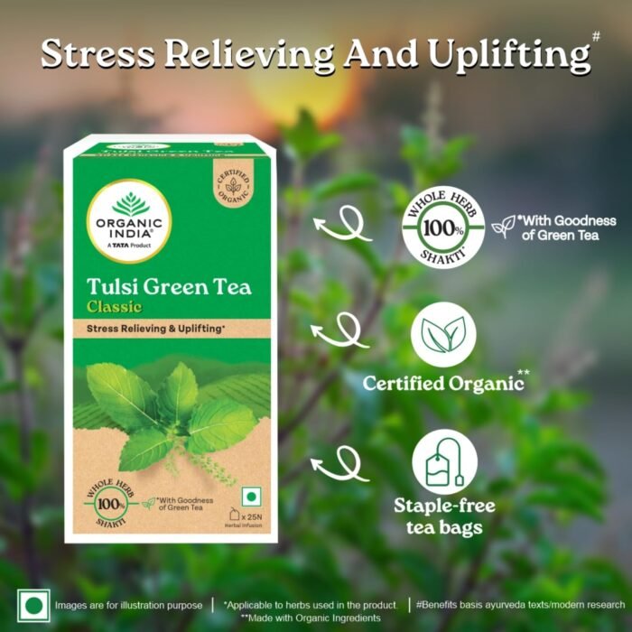 A TATA Product - Organic India Tulsi Green Tea Classic - 25 Tea Bags, Uplifts Mood, Rich in Antioxidants, Blend of Rama, Krishna & Vana Tulsi, Certified Organic - Image 3