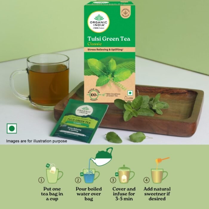 A TATA Product - Organic India Tulsi Green Tea Classic - 25 Tea Bags, Uplifts Mood, Rich in Antioxidants, Blend of Rama, Krishna & Vana Tulsi, Certified Organic - Image 5