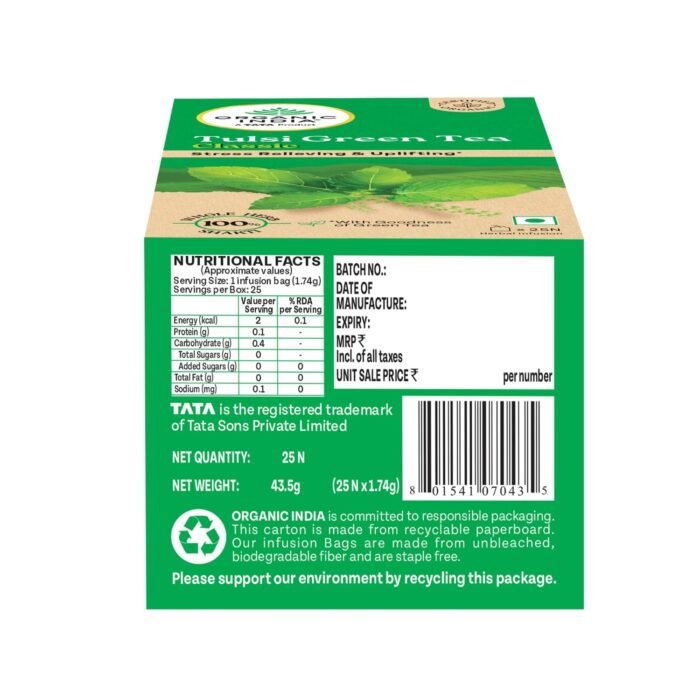 A TATA Product - Organic India Tulsi Green Tea Classic - 25 Tea Bags, Uplifts Mood, Rich in Antioxidants, Blend of Rama, Krishna & Vana Tulsi, Certified Organic - Image 6