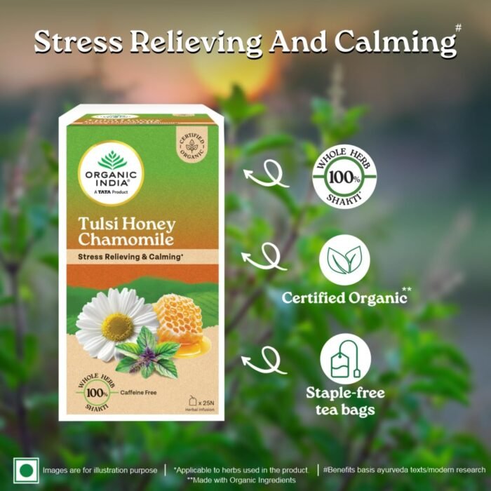 A TATA Product - Organic India Tulsi Honey Chamomile Infusion - 25 Tea Bags, Certified Organic, Stress Relief, Calming, Promotes Sleep, Caffeine-Free - Image 3