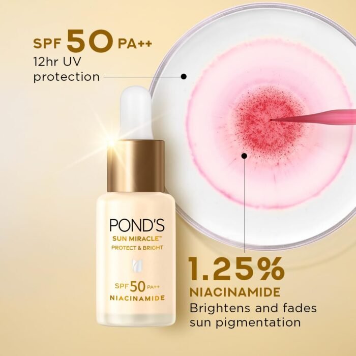 POND’S Sun Miracle SPF 50 PA++ Sunscreen Serum - Protect & Bright, With 1.25% Niacinamide, Prevent & Fade Dark Spots, Lightweight, No White Cast 14ml - Image 4