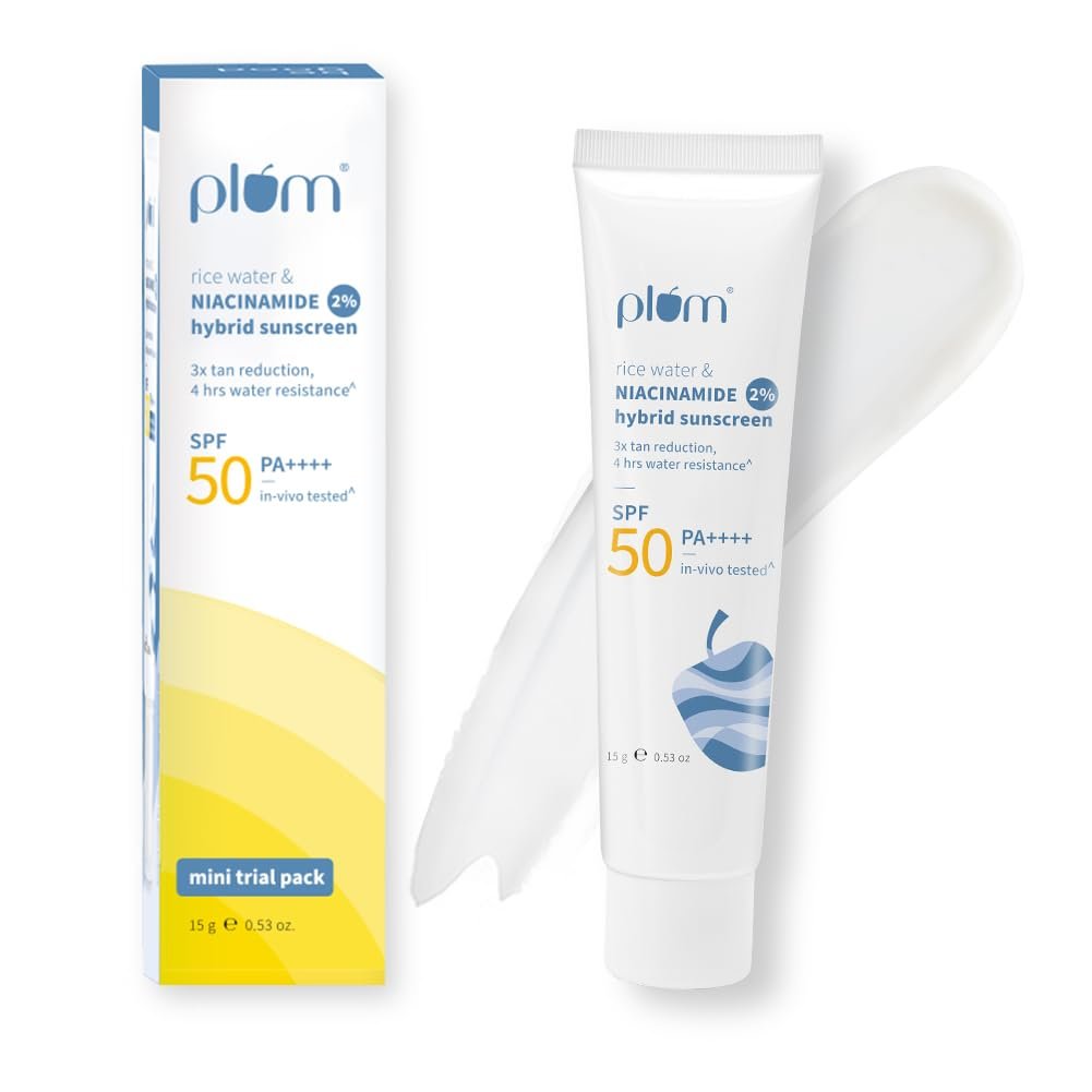 Plum 2% Niacinamide & Rice Water Sunscreen 15g 1 Plum SPF 50 PA++++ Sunscreen with 2% Niacinamide & Rice Water | In-Vivo Tested | Lightweight, No White Cast | Broad Spectrum UVA/UVB protection | Brightens Skin, Reduces Tan | Oily & Dry Skin | - Image 1