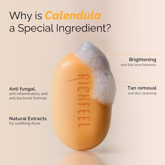 Richfeel Calendula Anti-Acne Soap | For Skin prone to Acne & Blemishes | Physician Formulated | Helps Calm & Replenish Skin | 75 g (Pack of 4) - Image 4