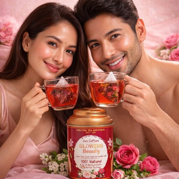 Sancha Tea Boutique, Glowing Beauty Tea, Caffeine Free Herbal Tisane, 25 Pyramid Bags, Supports Skin Glow & Skin Health - Image 4