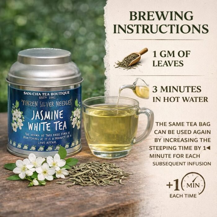 Sancha Tea Boutique, Jasmine White Tea, 25g Silver Needle White Tea Buds, Chinese White Tea with Jasmine Blossoms, Rare Floral Loose Leaf Tea - Image 6
