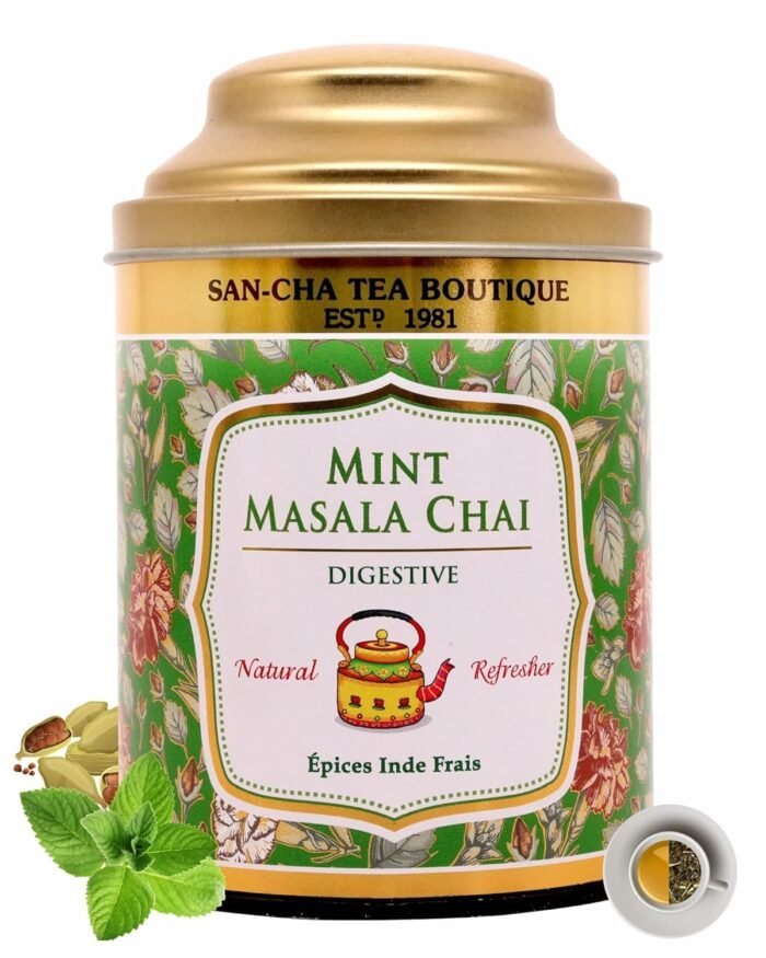 Sancha Tea Boutique, Mint Masala Chai, Real Mint Leaves, Lemongrass, Ginger & Cardamom blended pure Assam Tea, Irani Chai, Chai Patti, Chai Masala, Spiced Tea, 100gm Loose Leaf Tea - Image 3