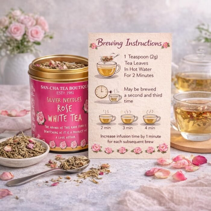 Sancha Tea Boutique, Rose White Tea, 25g Loose Leaf Silver Needle White Tea, Blended with Indian Wild Rose Petals, Floral Premium Tea - Image 3