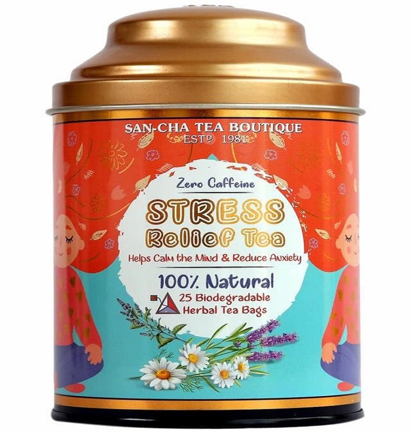 Sancha Tea Boutique Stress Relief Tea 1 Sancha Tea Boutique Stress Relief Tea | 25 Pyramid Bags | Caffeine Free Herbal Tisane with Chamomile, Lavender & Mint | Relaxing & Calming Blend - Image 1
