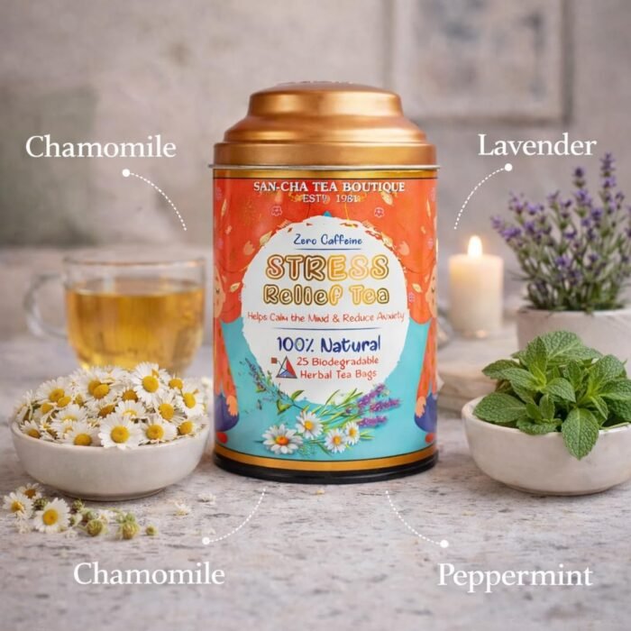 Sancha Tea Boutique Stress Relief Tea | 25 Pyramid Bags | Caffeine Free Herbal Tisane with Chamomile, Lavender & Mint | Relaxing & Calming Blend - Image 3