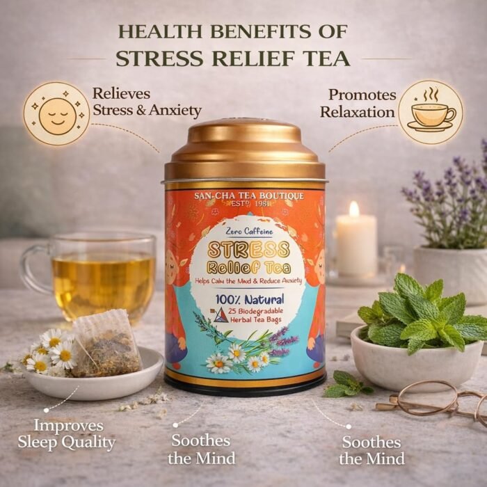Sancha Tea Boutique Stress Relief Tea | 25 Pyramid Bags | Caffeine Free Herbal Tisane with Chamomile, Lavender & Mint | Relaxing & Calming Blend - Image 4