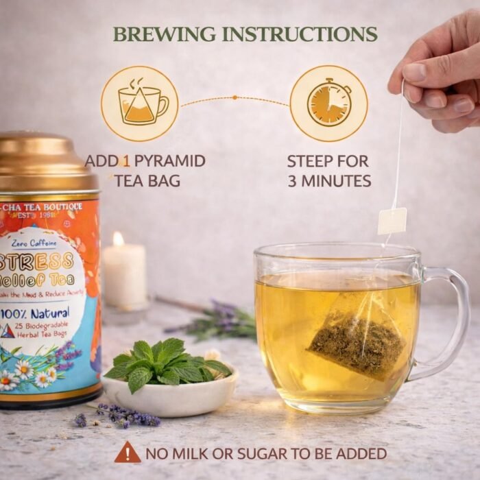 Sancha Tea Boutique Stress Relief Tea | 25 Pyramid Bags | Caffeine Free Herbal Tisane with Chamomile, Lavender & Mint | Relaxing & Calming Blend - Image 5