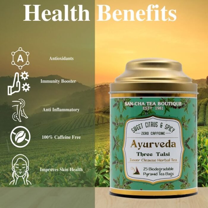 Sancha Tea Boutique Tulsi Tea | Rama, Shyama & Vana Tulsi Blend | 25 Pyramid Tea Bags | Immunity Support | Caffeine-Free Ayurvedic Herbal Infusion - Image 2