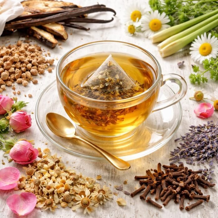 Sancha Tea Boutique Valerian Root Herbal infusion Blend |Imported Valerian for Stress Relief & Better Sleep | With Vanilla,Chamomile, Rose, Lemongrass, Lavender & Cloves| 25 Pyramid Tea Bags |Caffeine Free - Image 2