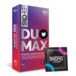 Skore Duo Max - Premium Pleasure Condoms for Him and Her with Disposal Pouches|Dotted & Ribbed|Performa Lubricant for Long Lasting Climax Delay |Suitable for use with lubes & toys (10 pieces)