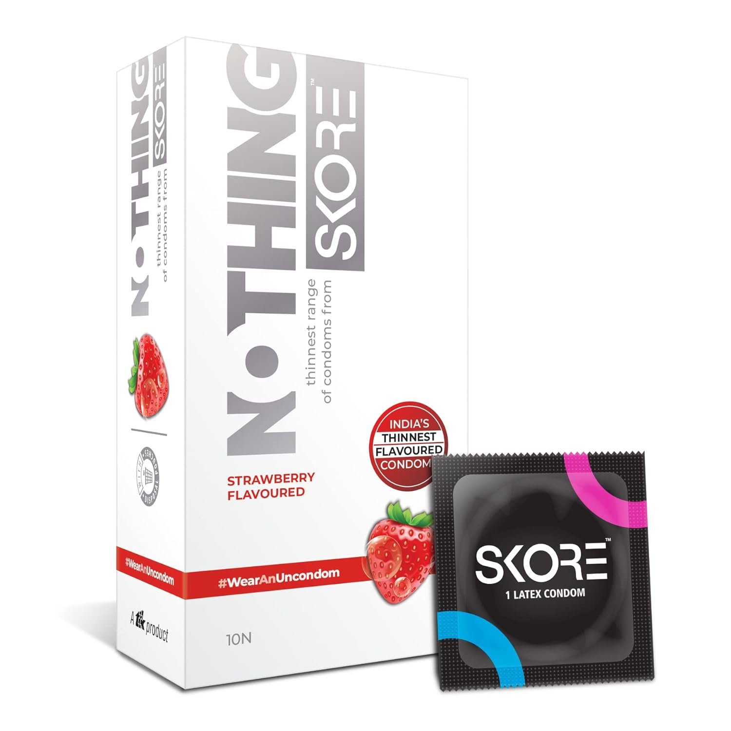 Skore Nothing Thinnest Condoms 1 Skore Nothing Thinnest Condoms | Flavored Strawberry with Disposal Pouches 10's each - Image 1