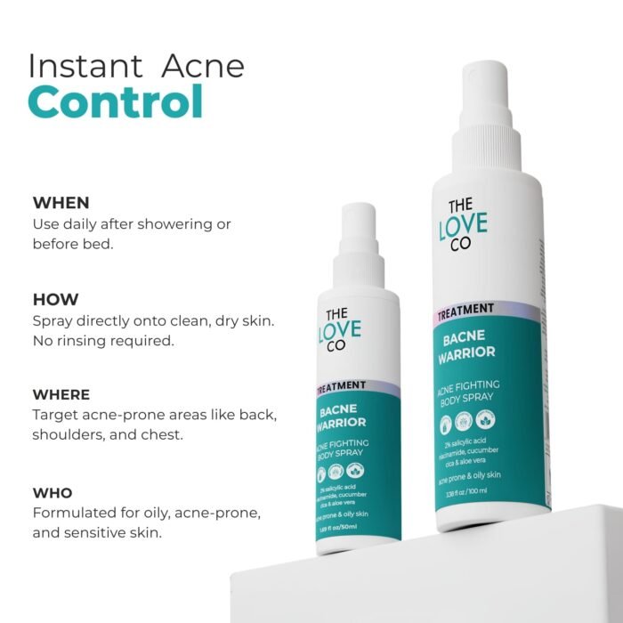 The Love Co 2% Salicylic Acid + Niacinamide Body Acne Spray | For Back Acne (Bacne), Chest & Shoulders | Helps Unclog Pores & Control Breakouts | For Clearer-Looking Skin | Non-Sticky Spray | 100ml - Image 6
