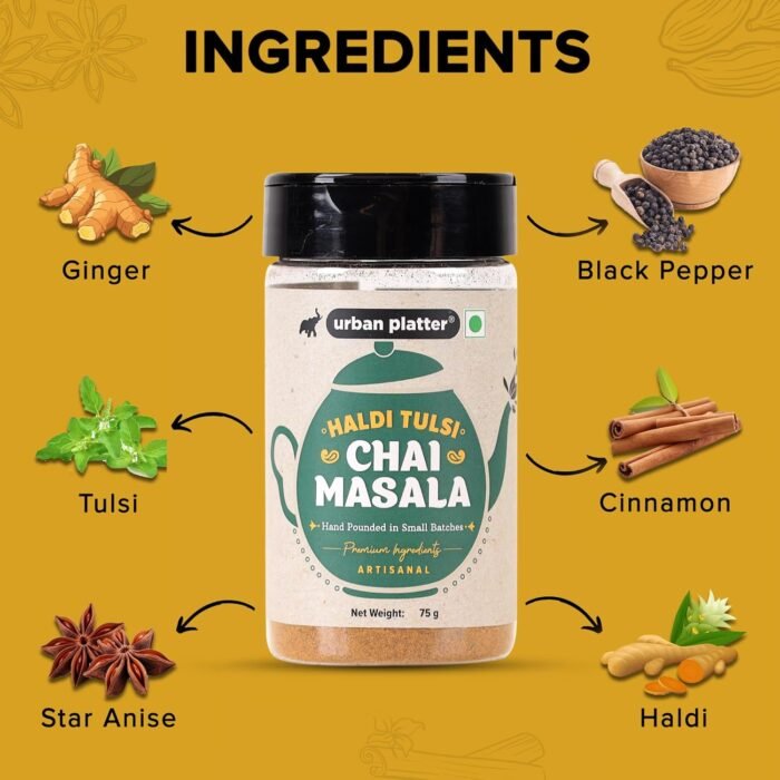 Urban Platter Haldi Tulsi Chai Masala, 75g (Turmeric & Basil | Artisanal Tea Spice | Hand Pounded | Strong Aroma and Flavour) - Image 6