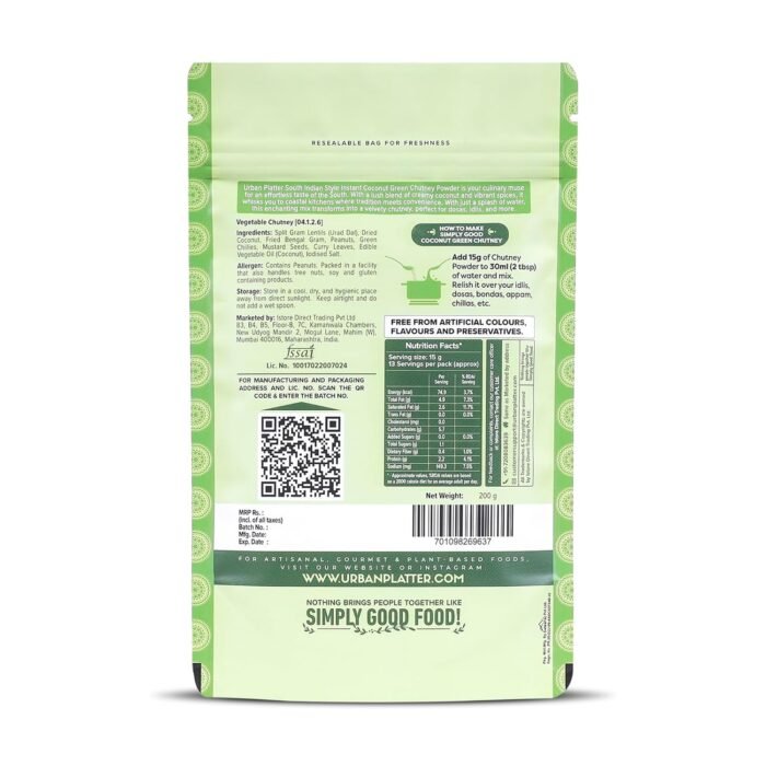 Urban Platter South Indian Style Instant Coconut Green Chutney Powder, 200g / 7oz [Nariyal ki Chutney, Just Add Water] - Image 2