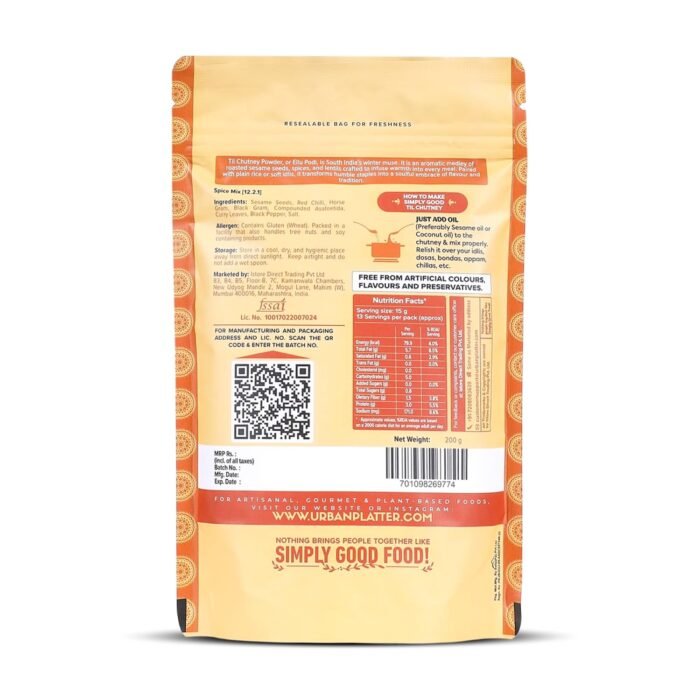 Urban Platter South Indian Style Instant Til Chutney Powder, 200g (Ellu Podi | Sesame Dry Chutney | Ready-to-Use | Perfect for Idli, Dosa and Rice) - Image 2