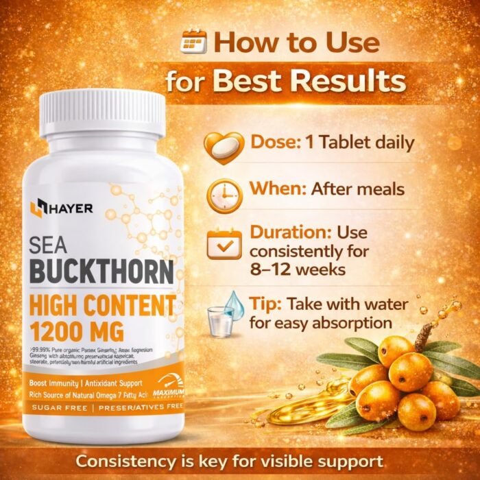 Hayer Sea Buckthorn 60 Tablets 1200mg with Omega 7, vitamins, and antioxidants for radiant skin, immunity, and vitality. 100% natural - Image 4
