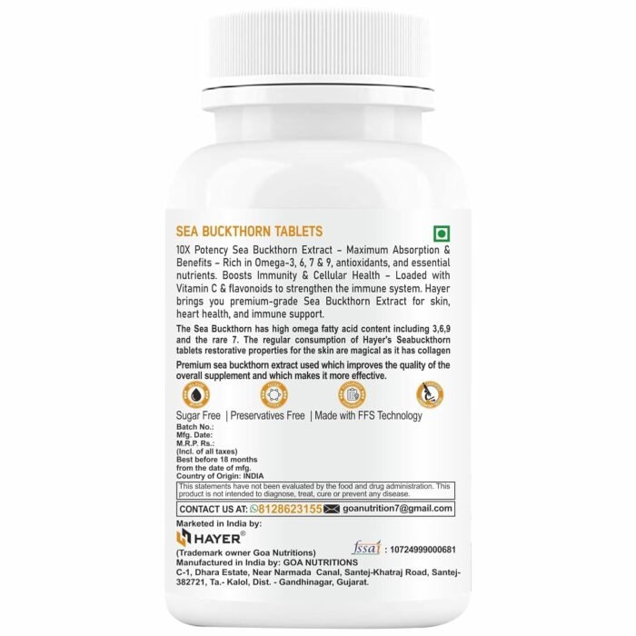 Hayer Sea Buckthorn 60 Tablets 1200mg with Omega 7, vitamins, and antioxidants for radiant skin, immunity, and vitality. 100% natural - Image 2