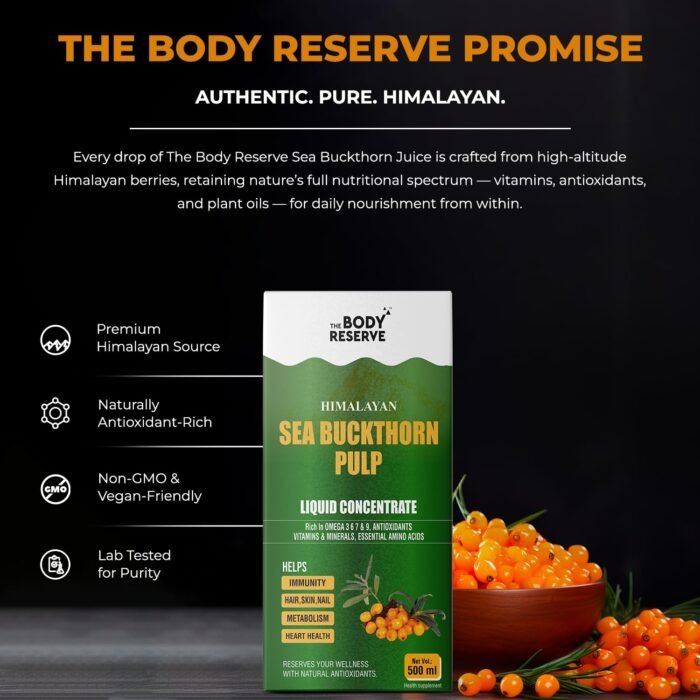 The Body Reserve Himalayan Sea Buckthorn Juice 500ml | Cold Pressed Seabuckthorn Berry Pulp Concentrate | Natural Vitamin C | Omega 3-6-7-9 | Antioxidant-Rich Gut Health Juice for Skin Glow, Heart & Immunity Support - Image 2