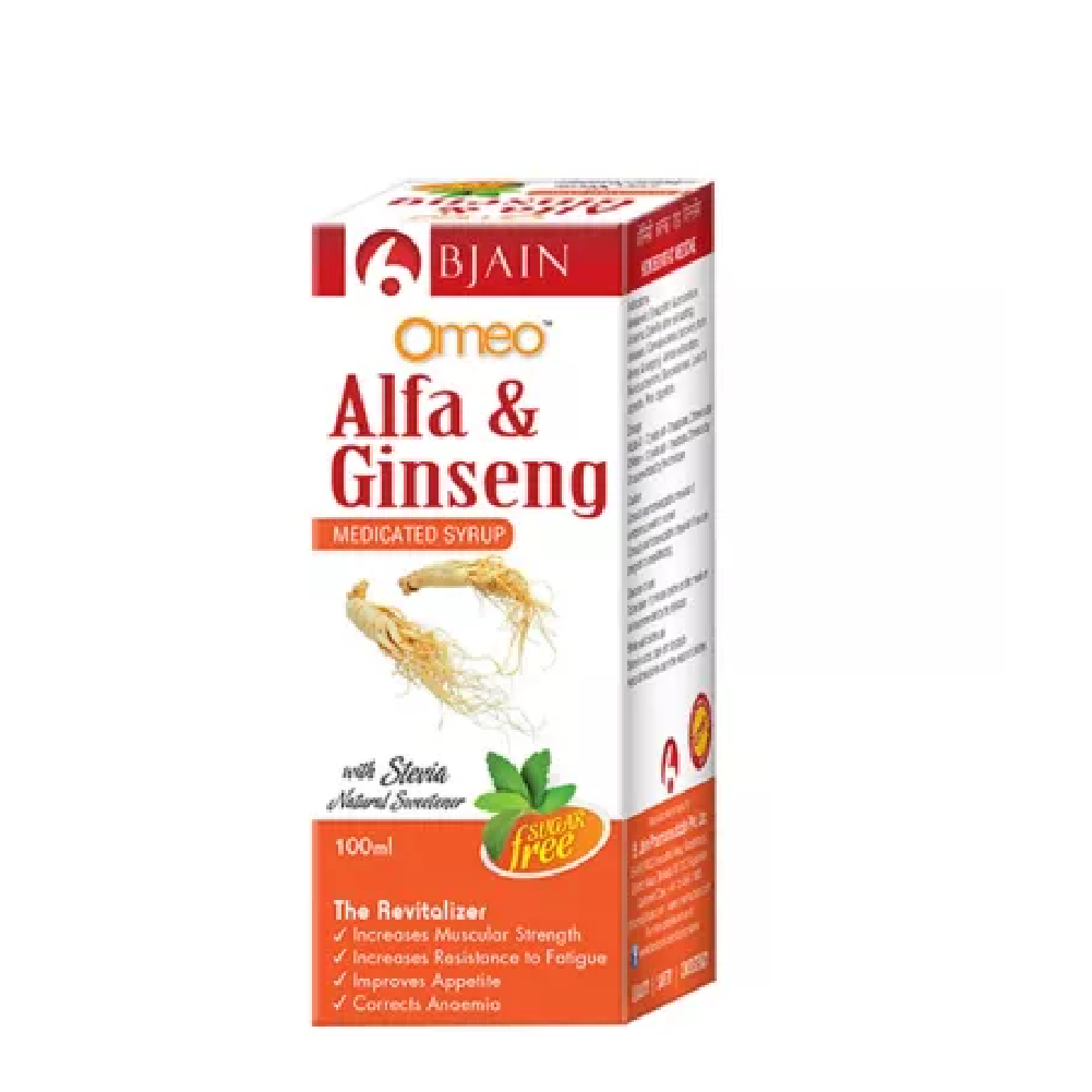 BJain-Omeo-Alfa-Ginseng-Syrup-Sugar-Free-100ml-1.png BJain Omeo Alfa & Ginseng Syrup (Sugar Free) (100ml) For Digestion, Improves Strength - Image 1