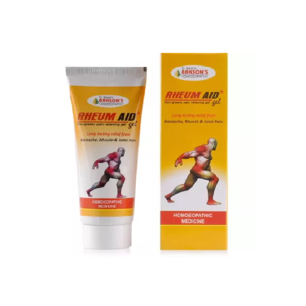 Baksons-Rheum-Aid-Gel.png Bakson Homeopathic RHEUM AID GEL 60gm For relief from backache - Image 1