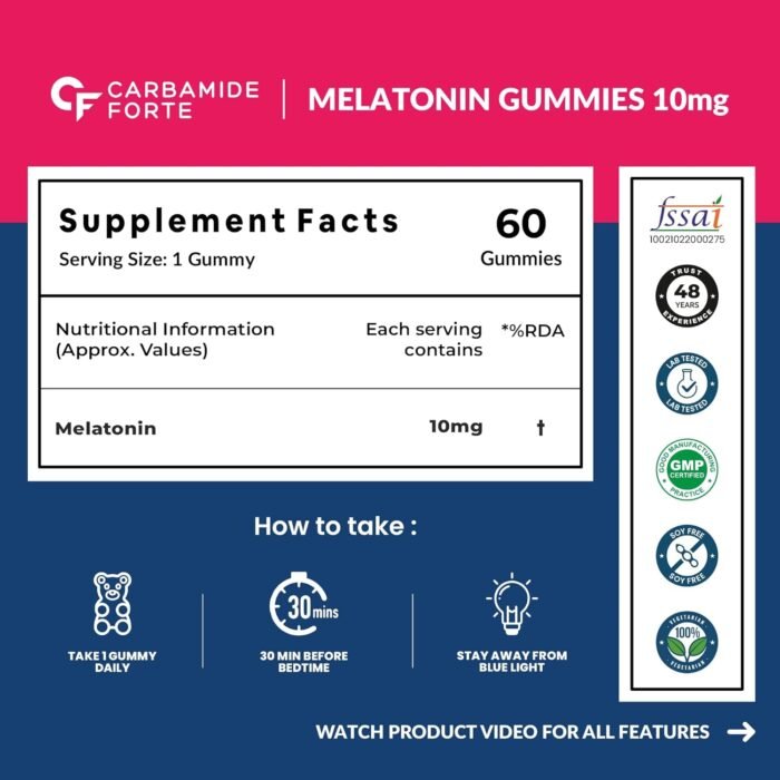 Carbamide Forte 10 mg Melatonin Gummies to Sleep | Sleep Gummies for Men and Women | Gummies for Deep Sleep | Sleep Supplements | 60 Veg Sugar Free Melatonin Gummies 10mg - Image 2