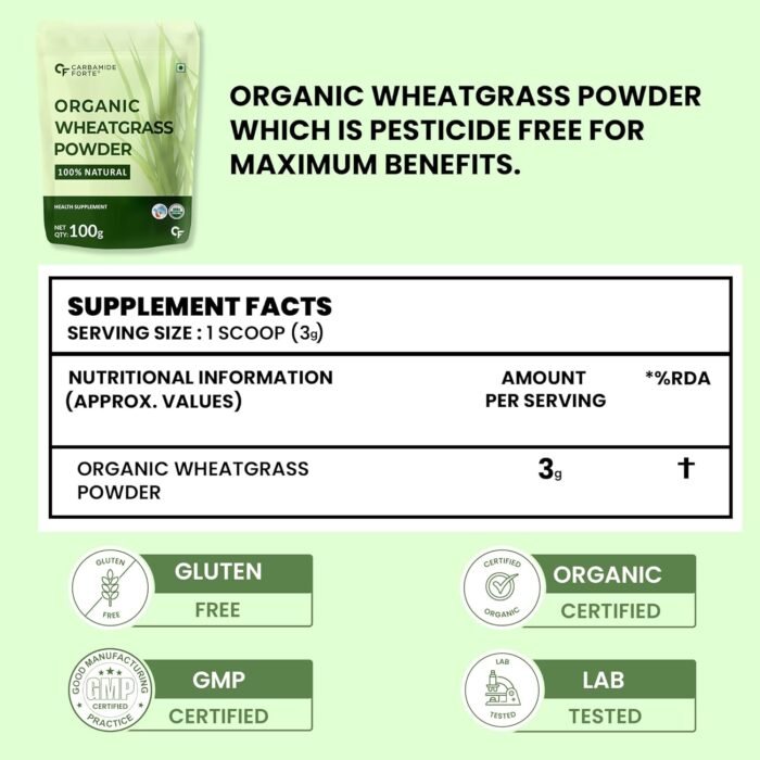 Carbamide Forte 100% Natural Organic Wheatgrass Powder | Wheat Grass Powder | Organic Wheatgrass Juice | Wheat Grass Juice - 100g - Image 2