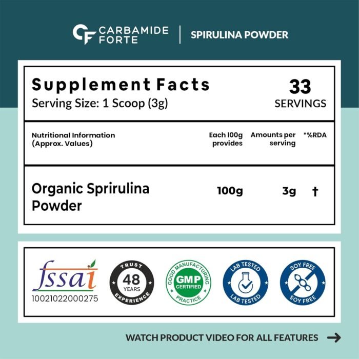 Carbamide Forte 100% Organic Spirulina Powder | Spirulina | Spirulina Powder Organic - 100g - Image 2