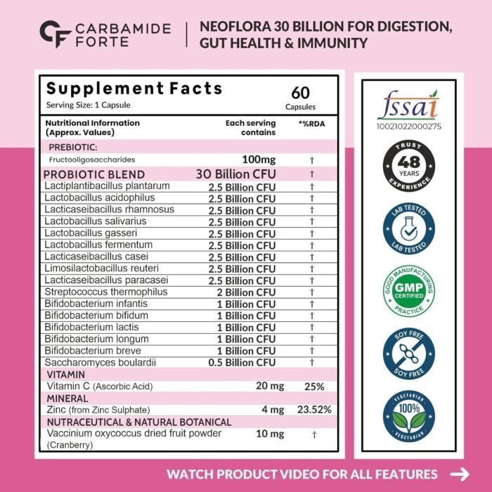 Carbamide Forte 30 Billion Probiotics Supplement | Gut Cleanse Detox | Gut Health Supplement with Prebiotics and Probiotics | Lactobacillus Reuteri 60 Veg Capsules for Men & Women - Image 8