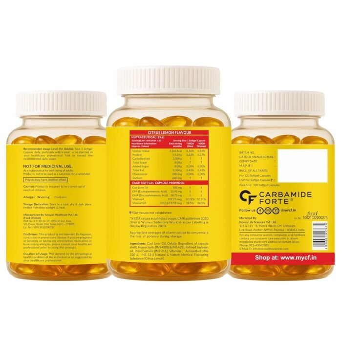Carbamide Forte Cod Liver Oil Capsules Omega 3 Supplement | Sea cod Liver Oil, Omega 3 FishOil Capsules 300mg | Omega3 FishOil with EPA & DHA + Vitamin D3 Supplement | No Fishy Burps With Lemon Flavour - 120 Softgels - Image 11